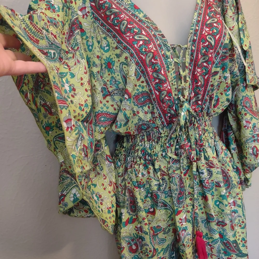 White Waves NWT Silk Blend Paisley Lace Up Boho Dress Made in India - Picture 8 of 15